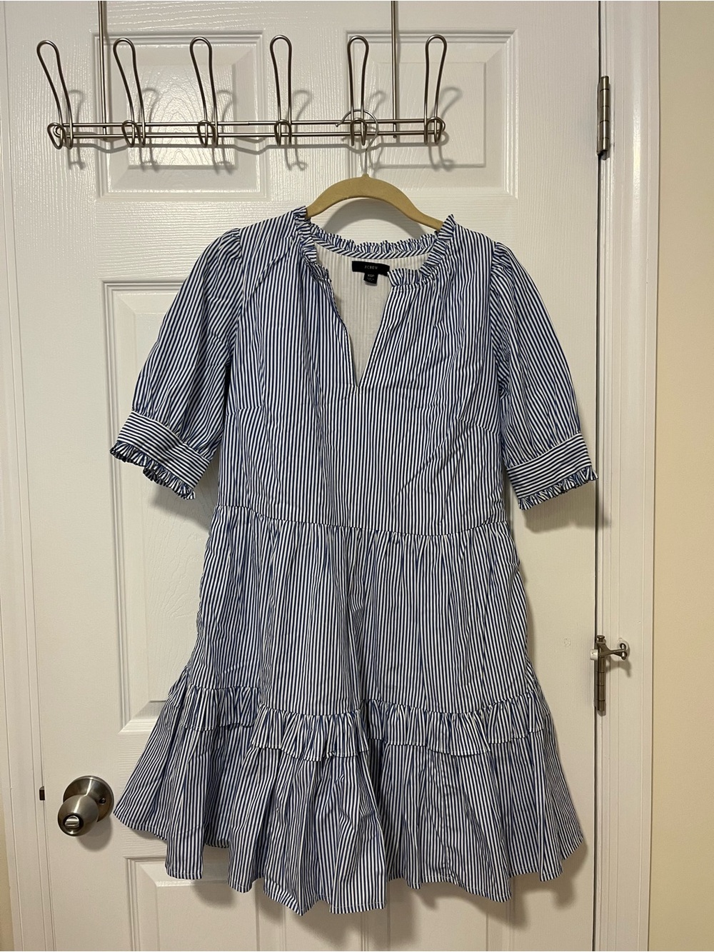 J. Crew Blue and White Striped Tiered Midi Dress
